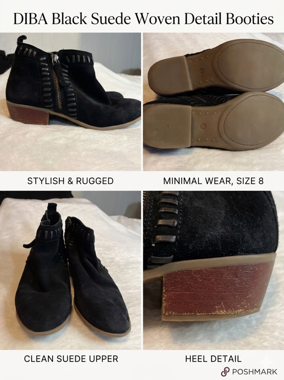 Diba Black Suede Ankle Booties with Woven Trim Size 8